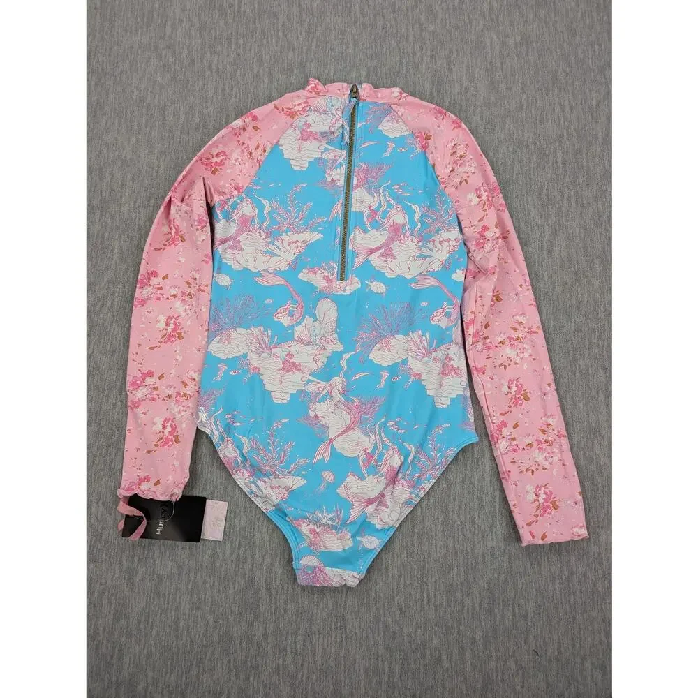 LoveShackFancy Hurley Swimsuit Girls Large 12-14 Blue Pink Rash Guard One Piece